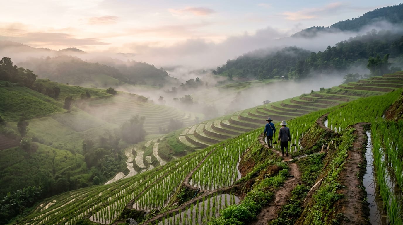 Mist rising over rice terraces in the Mae Rim valley north of Chiang Mai at sunrise