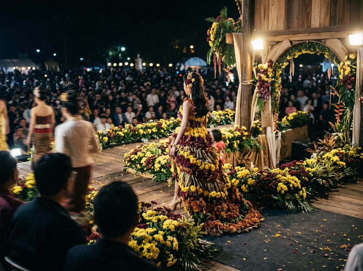 Contestant in a chrysanthemum gown on stage at the Chiang Mai Flower Festival beauty pageant