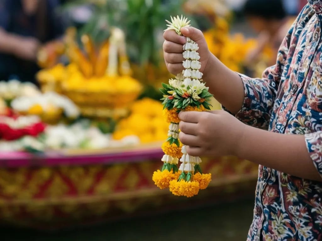 Child holding a small puang malai jasmine garland in front of a flower float