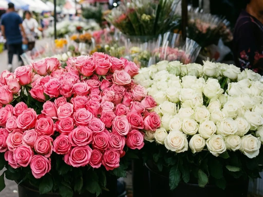 Bundles of cool-season pink and white roses for sale at a Ton Lamyai stall during the festival
