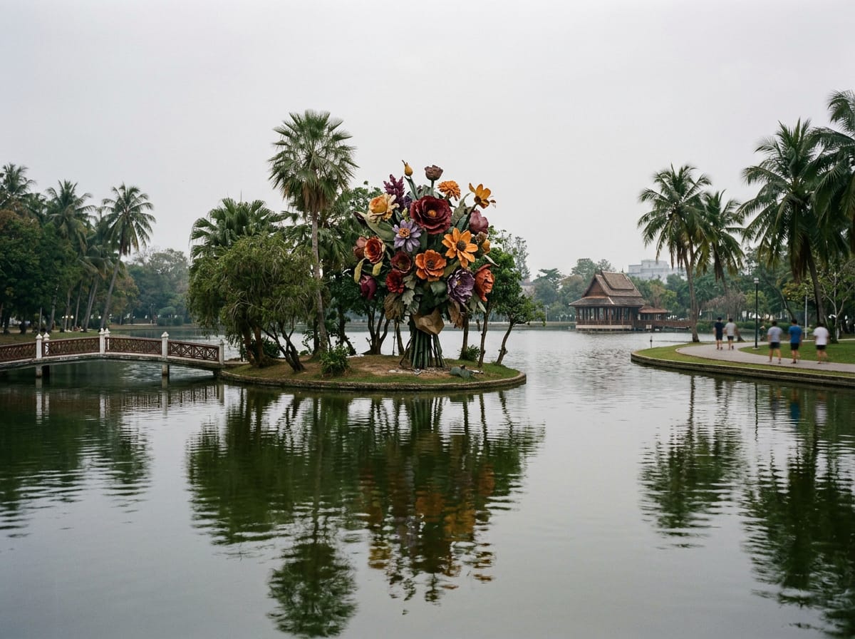 Three-metre flower bouquet sculpture in the centre of Suan Buak Hat lake