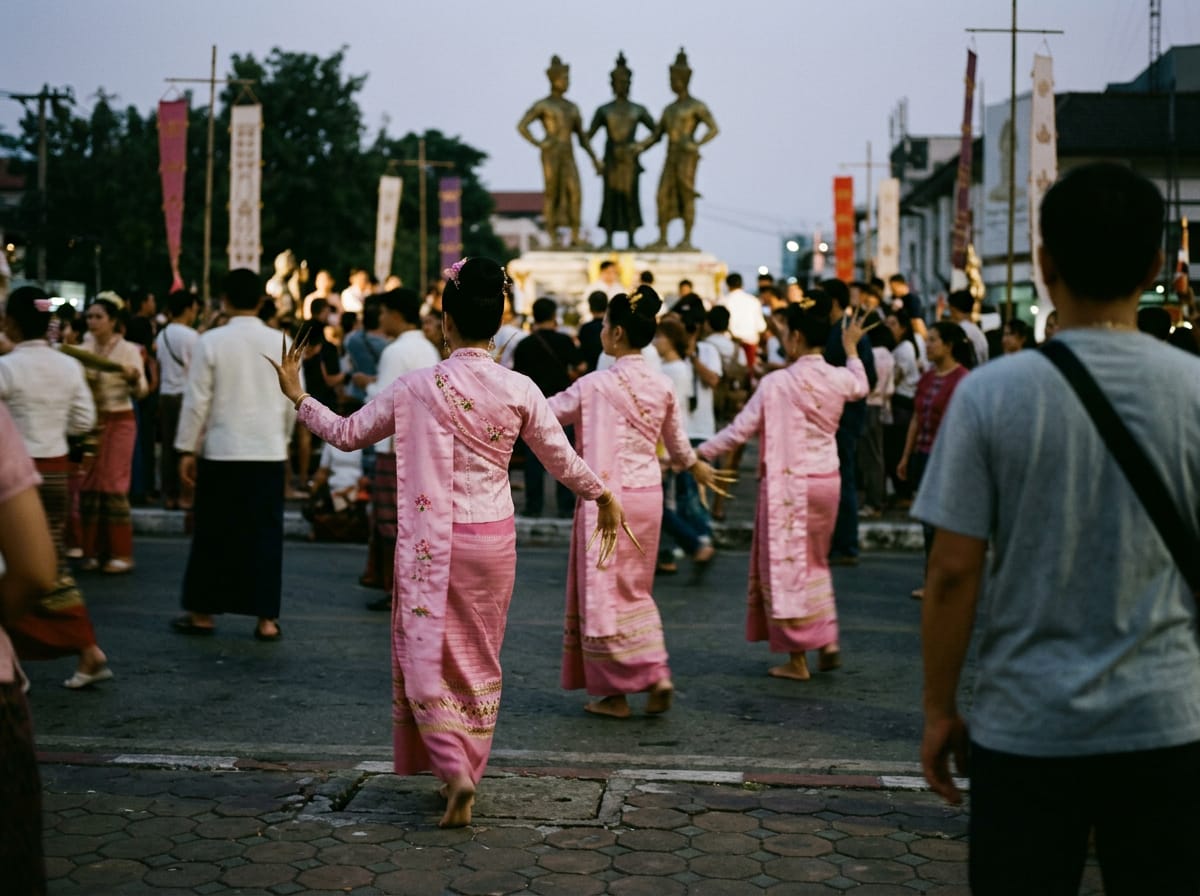 Lanna fingernail dancers in pink silk walking with the parade past Three Kings Monument