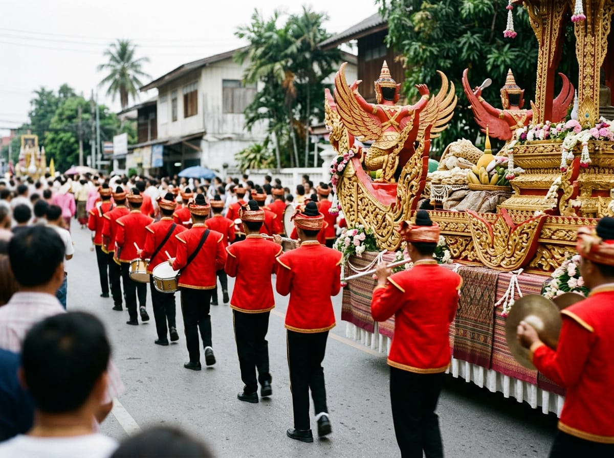 School marching band in red Lanna uniforms playing alongside a parade float