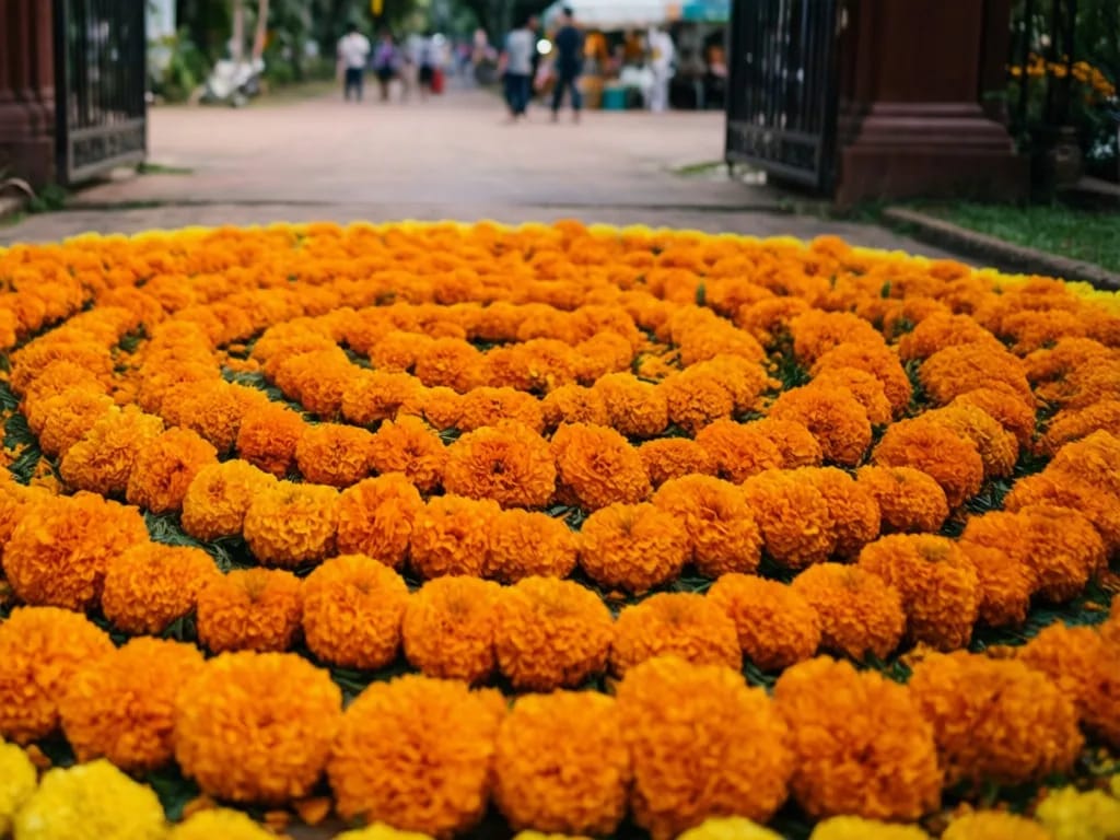 Bed of orange marigolds laid out in a Lanna spiral pattern at the park entrance