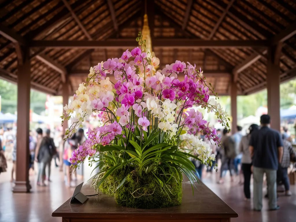 Award-winning orchid arrangement on a display table inside a Suan Buak Hat pavilion