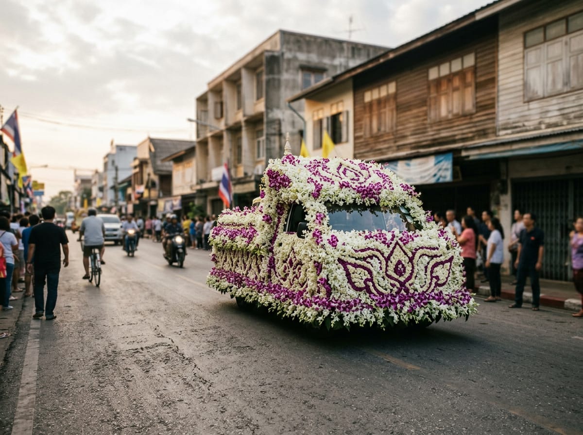 Float built entirely from white and purple orchids rolling along Tha Pae Road in morning sun