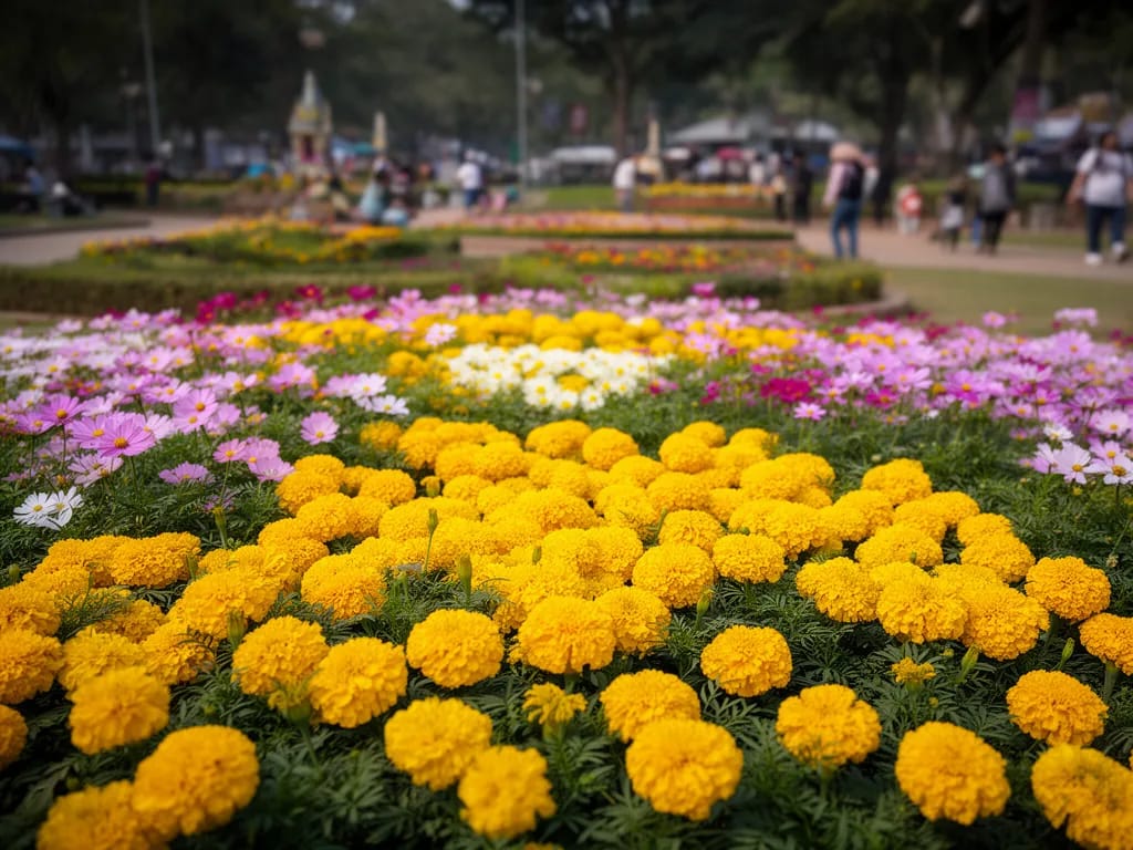 Geometric flower-bed display of yellow marigolds and cosmos at Suan Buak Hat Park