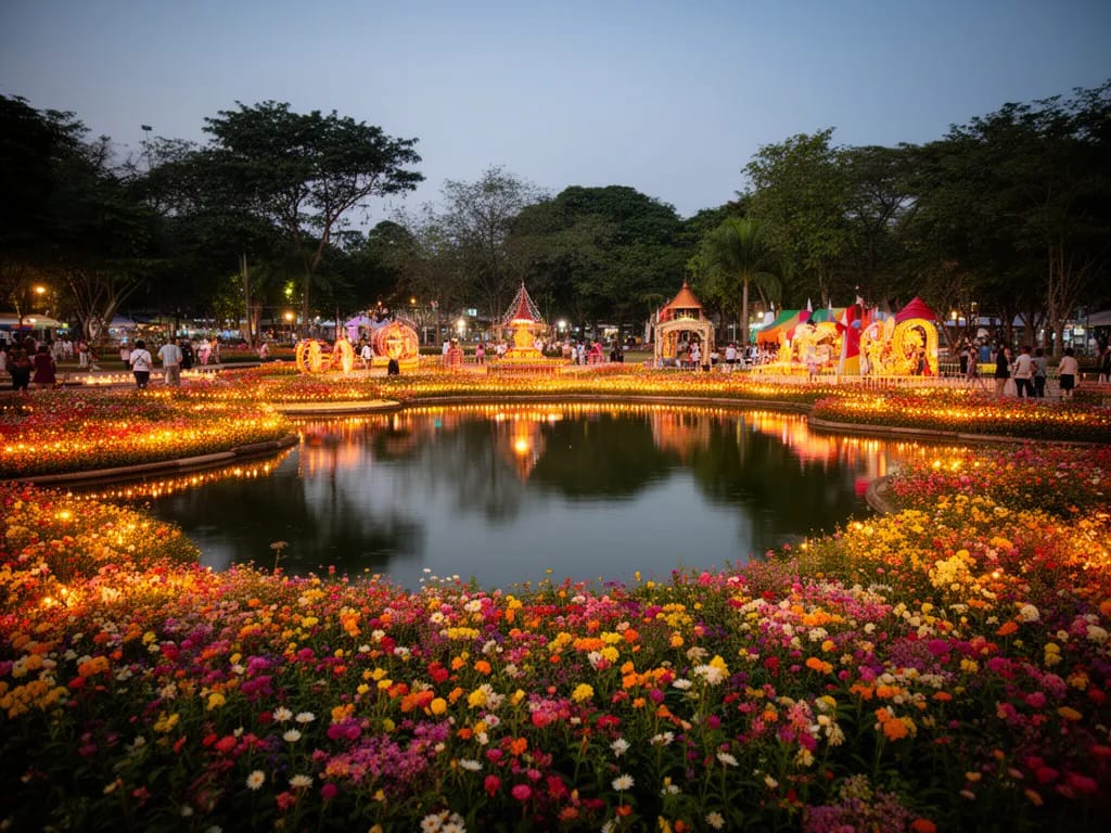 Evening view of Suan Buak Hat Park with illuminated flower displays around the central lake