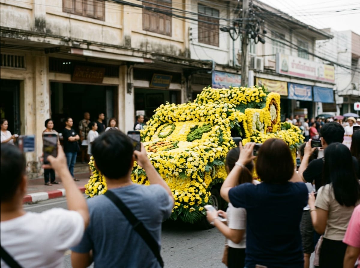 Spectators lining the kerb of Tha Pae Road photographing a parade float of yellow daisies