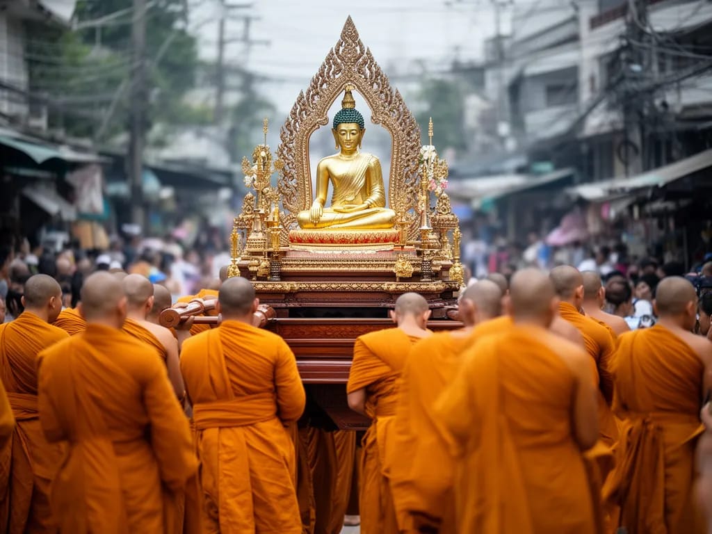 The Phra Buddha Sihing image carried on a teak palanquin past saffron-robed monks during the Songkran procession
