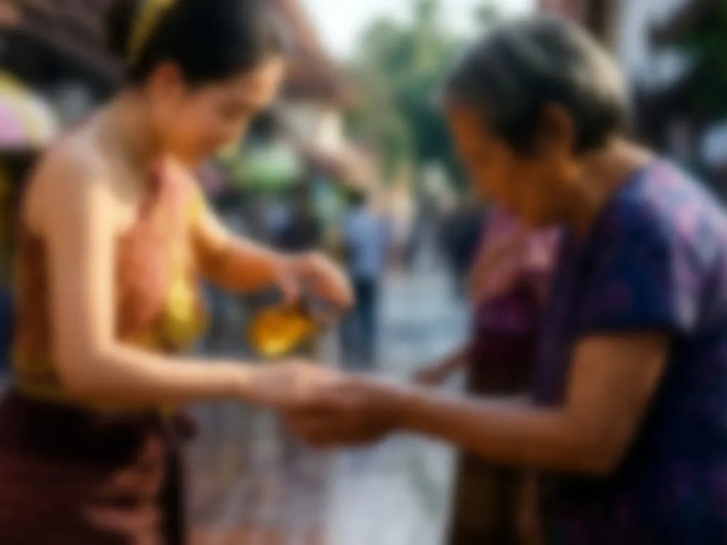 Younger Thai woman gently pouring scented water over the hands of an elderly relative as a wai khao porn blessing