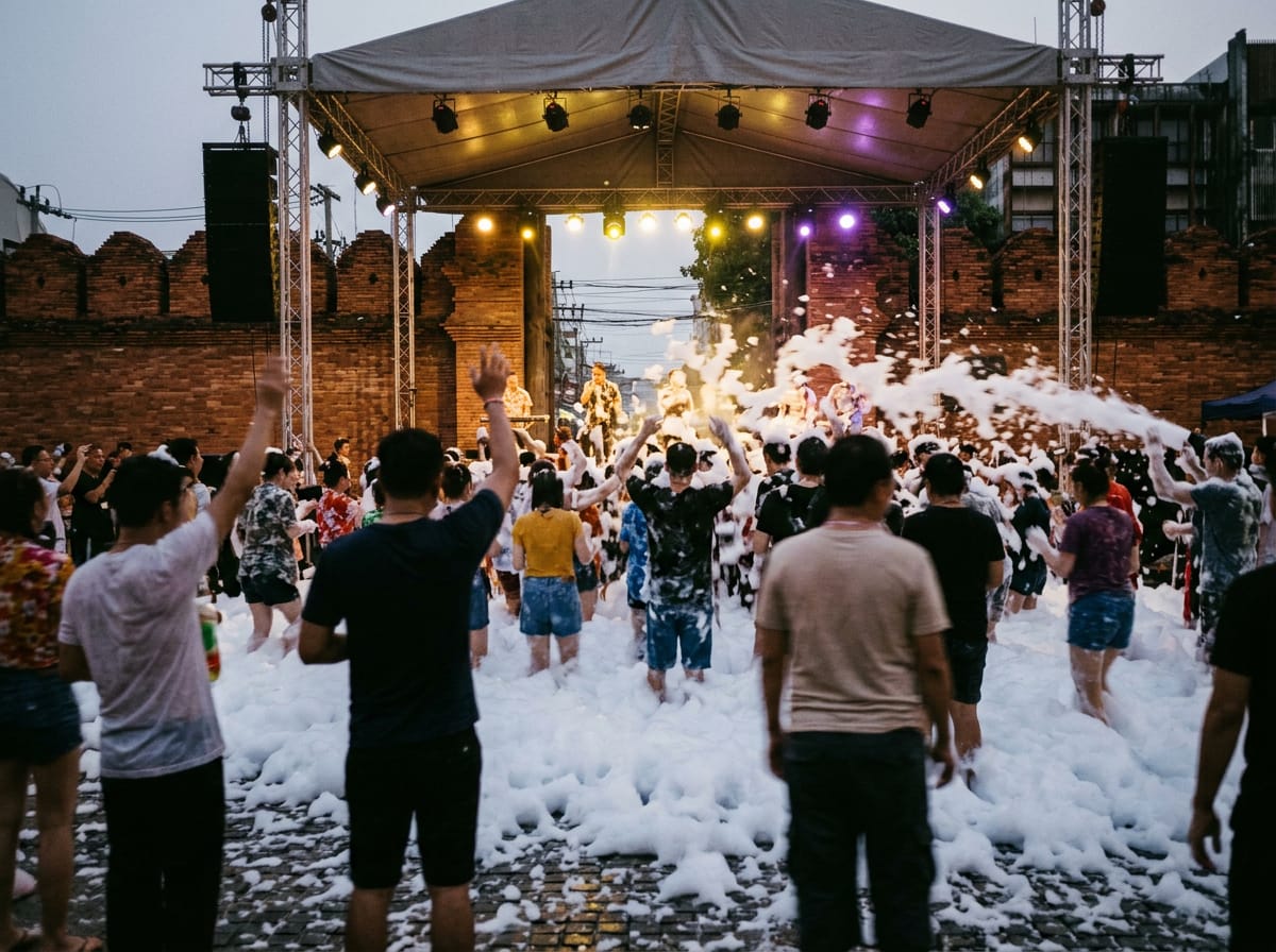 Crowd dancing in white foam in front of a Tha Phae Gate stage during Songkran evening