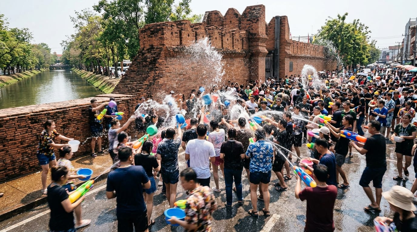 Crowd throwing water from buckets and pistols along the moat at Tha Phae Gate during Songkran in Chiang Mai under bright April sun