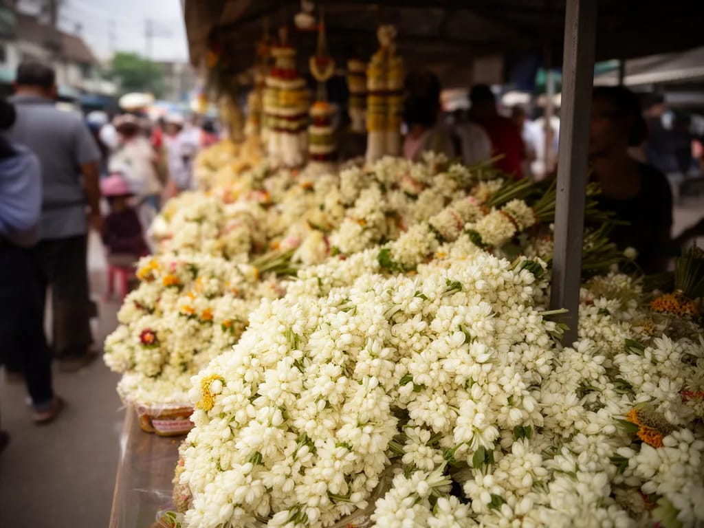 Stall of fresh jasmine puang malai garlands being sold for Songkran blessing visits