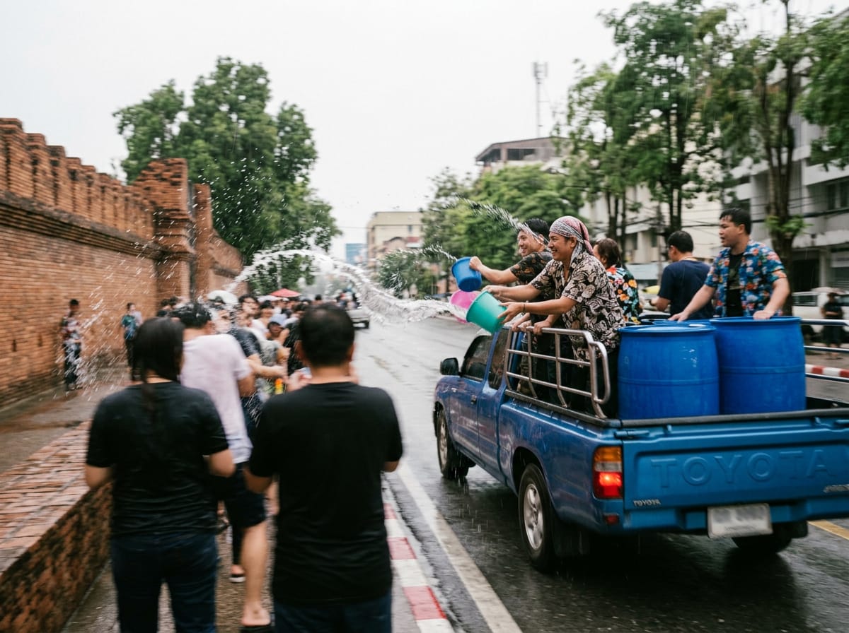 Pickup truck loaded with water barrels and revellers spraying water onto the kerb crowd along the Chiang Mai moat