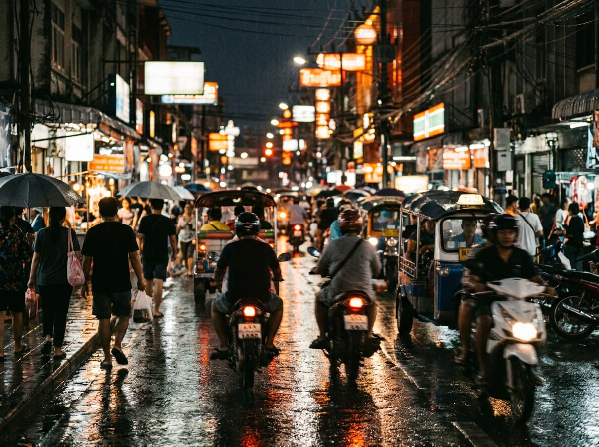 Evening Songkran scene on Loi Kroh Road with lit signs reflecting off wet pavement