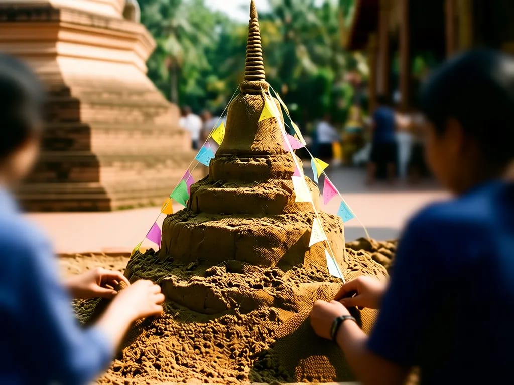 Family building a small sand chedi decorated with paper flags at Wat Chedi Luang