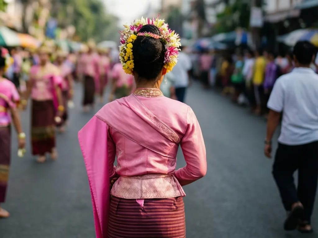 Lanna parade dancer in pink silk with a flower-crown walking along Ratchadamnoen during Songkran