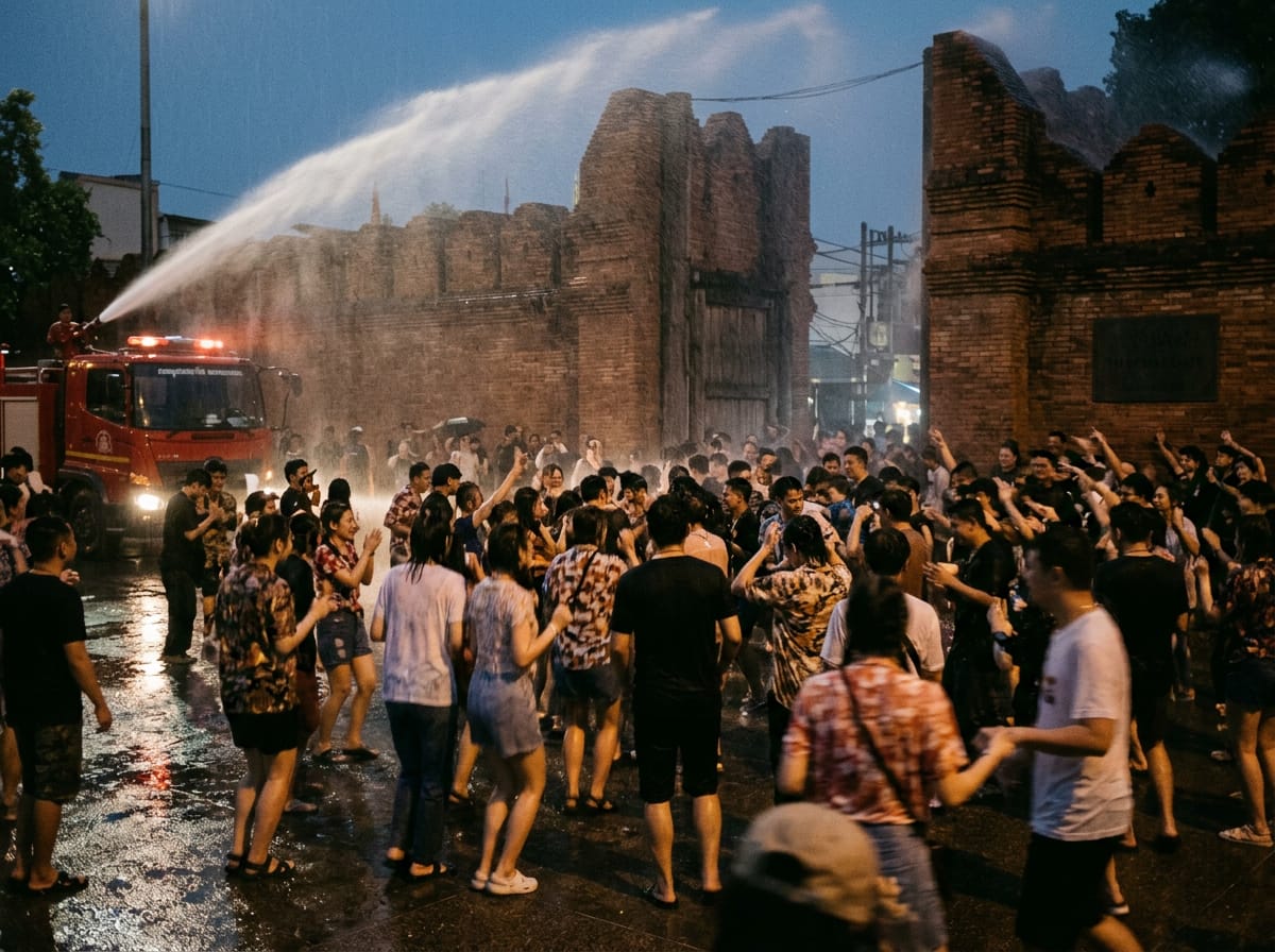Wet crowd dancing in front of Tha Phae Gate as a fire truck sprays water over the plaza