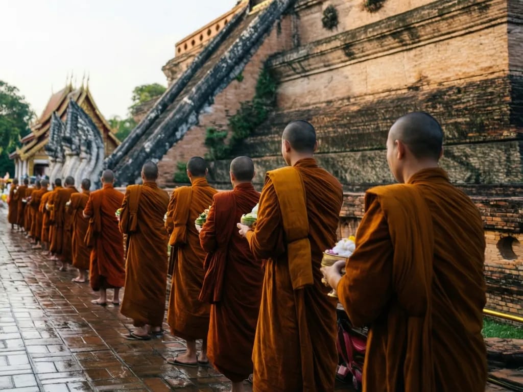 Row of monks accepting alms beside the giant chedi at Wat Chedi Luang on Songkran morning
