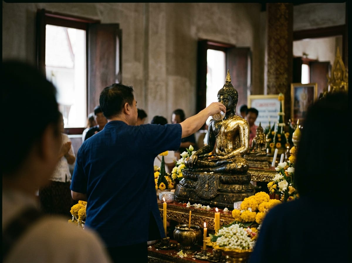 Worshippers pouring scented water over the Phra Buddha Sihing image inside Wat Phra Singh