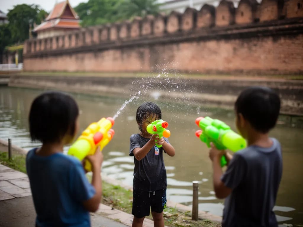 Three children with neon-coloured Songkran water pistols posing in front of the moat