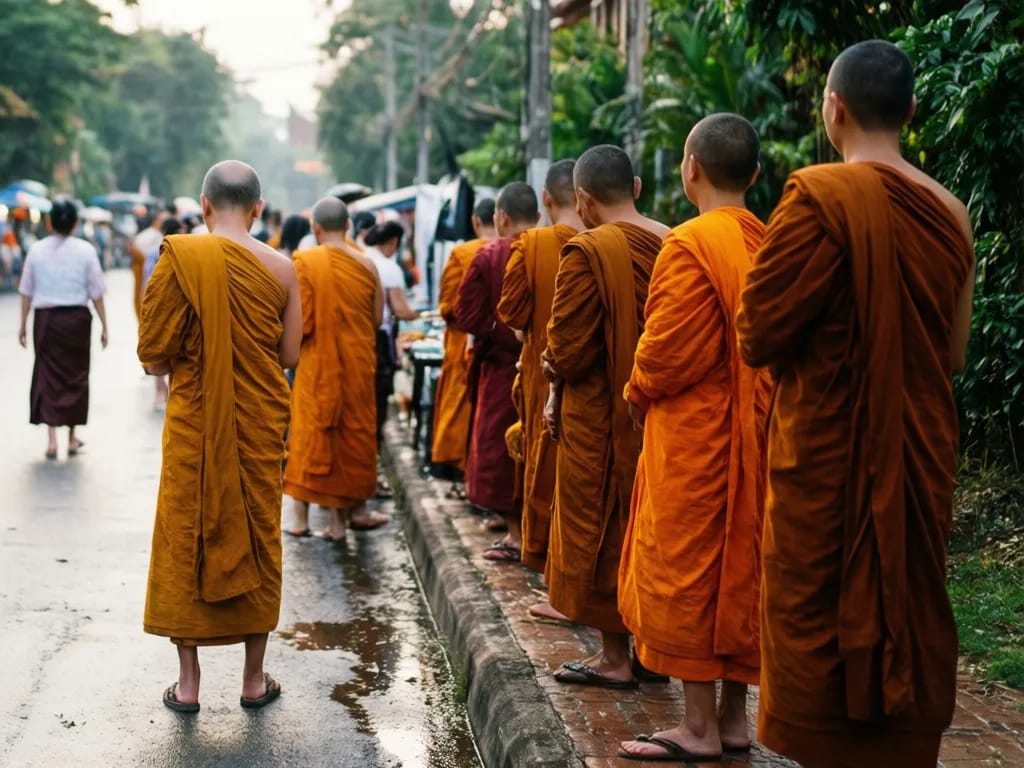 Saturday Wua Lai silver-smiths' road during Songkran with monks blessing residents along the kerb