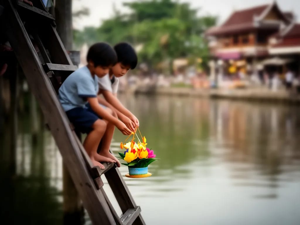 Two children lowering a small krathong into the moat from a wooden ladder near Tha Phae