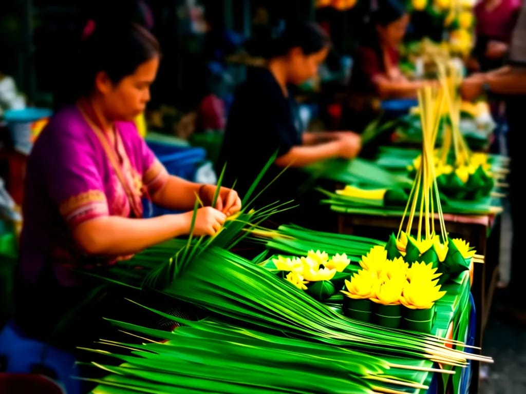 Two women weaving banana-leaf krathong with folded yellow lotus shapes at a Warorot stall