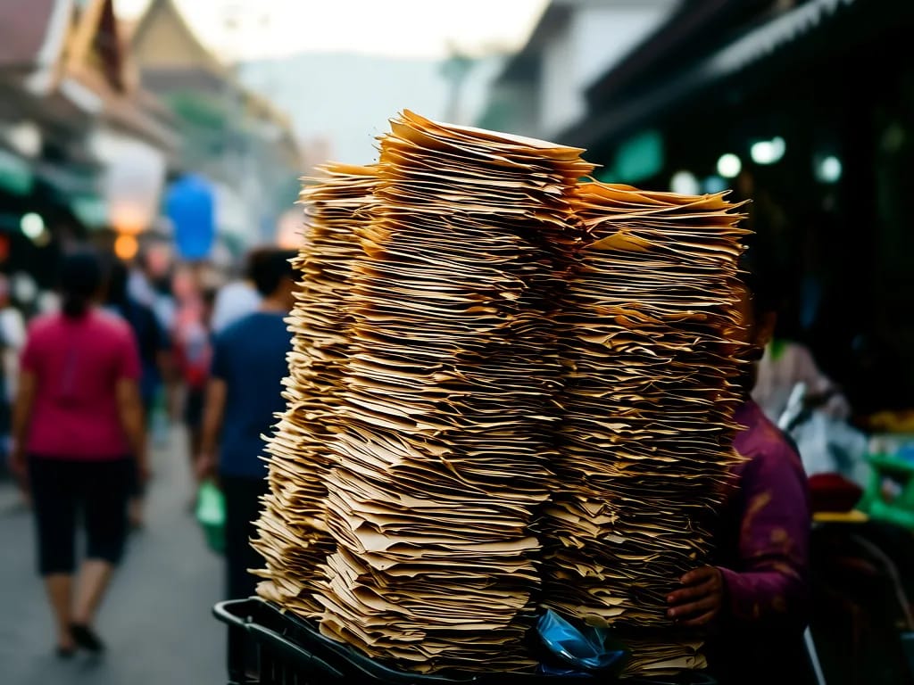 Street vendor selling unlit khom loi rice-paper sky lanterns stacked head-high