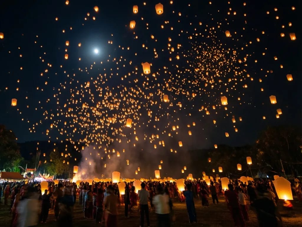 Synchronised mass sky-lantern release at the CAD Khom Loi event near Mae Jo at moonrise