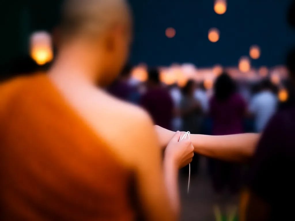 Monk tying a white sai sin thread around a worshipper's wrist before the krathong release