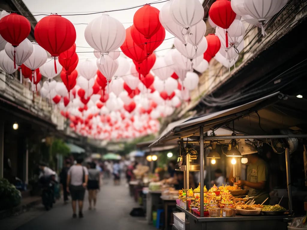 Old City street draped in red and white paper lanterns above a soi food stall
