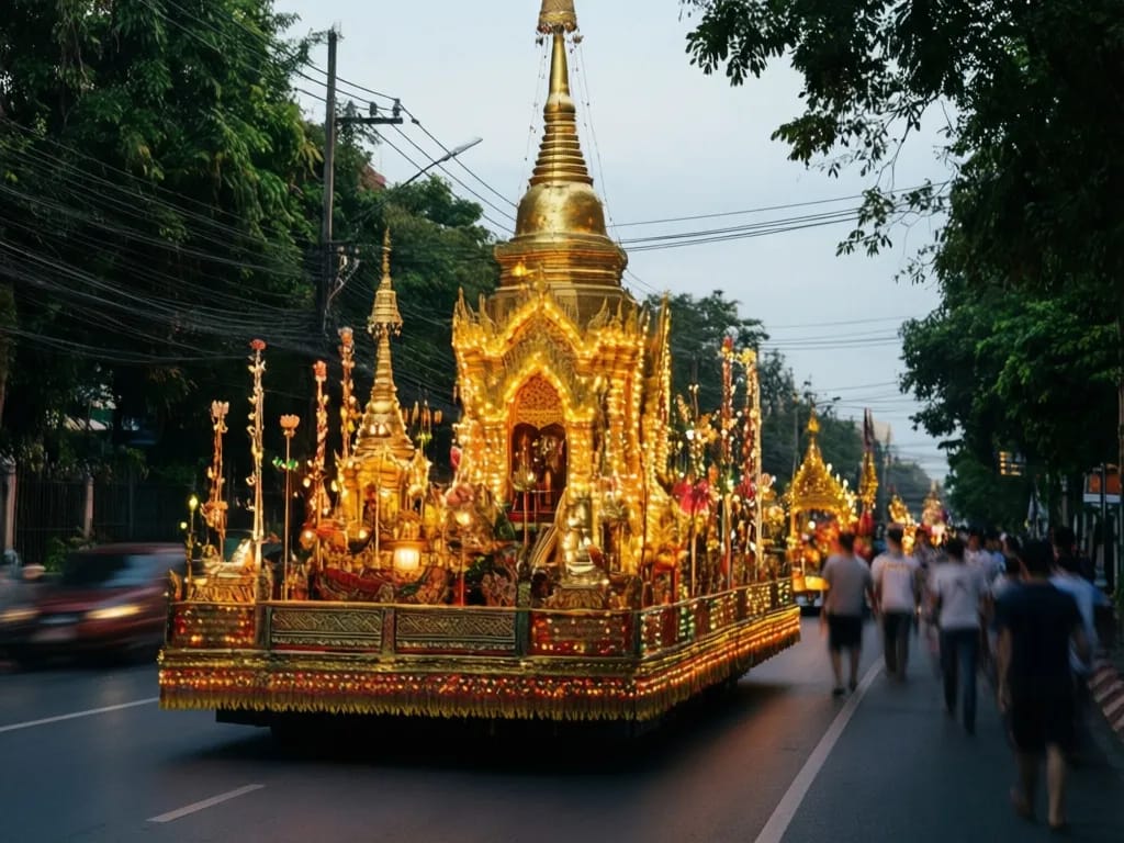 Illuminated parade float depicting a Lanna chedi rolling down Ratchadamnoen Road