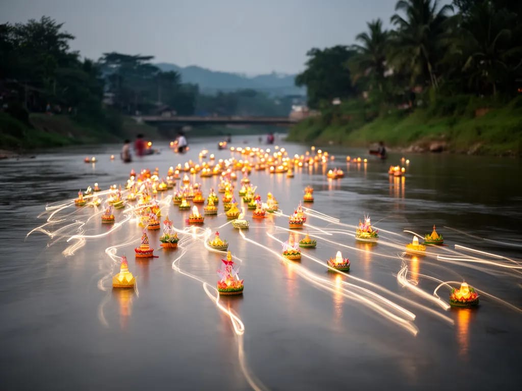 Long-exposure photograph of dozens of krathong drifting in light trails down the Ping River
