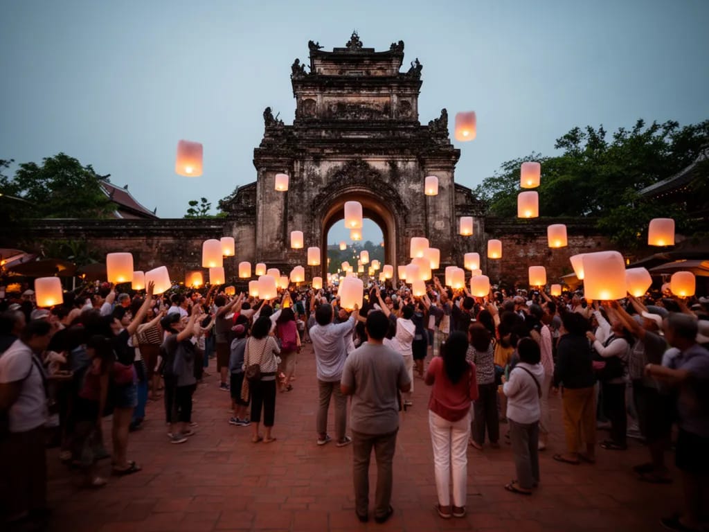 Crowd releasing khom loi lanterns from the brick plaza in front of Tha Phae Gate