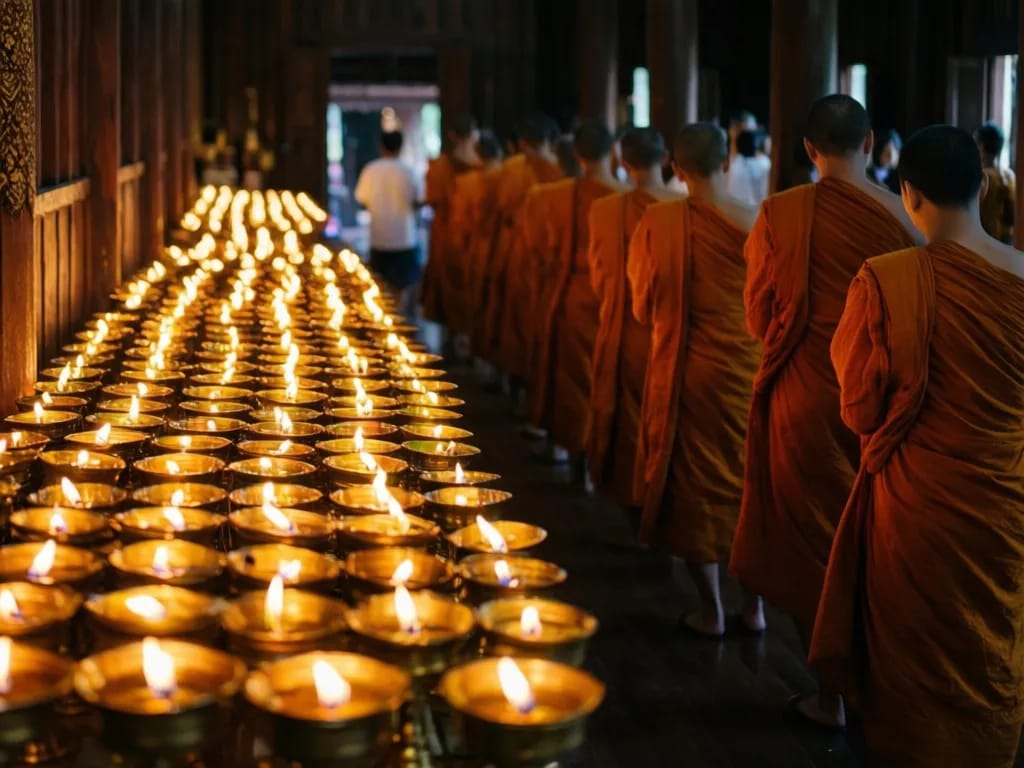 Rows of butter lamps and saffron-robed monks chanting in the teak hall of Wat Phan Tao
