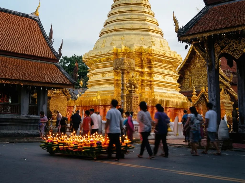 Locals walking with krathong rafts and candles past the gilded chedi at Wat Phra Singh