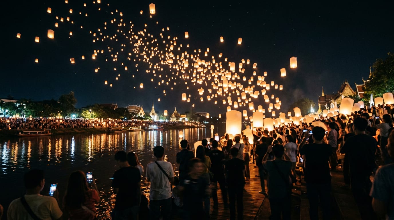 Thousands of sky lanterns rising over Chiang Mai during Yi Peng