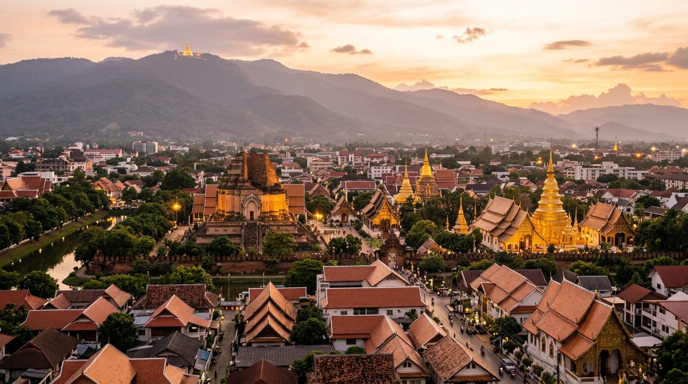 View over Chiang Mai's Old City with Doi Suthep rising behind, dawn light