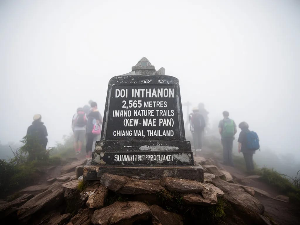 Doi Inthanon summit marker at 2,565 metres on a misty morning