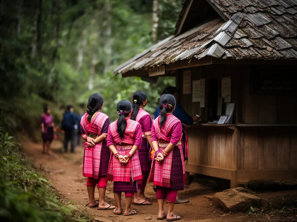 Karen guides waiting at the Kew Mae Pan trailhead check-in hut