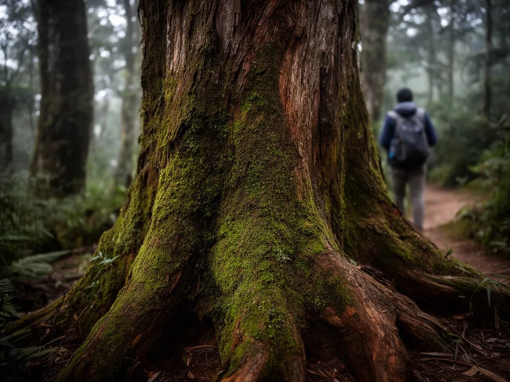 Mossy ancient oak trunk on the Kew Mae Pan loop