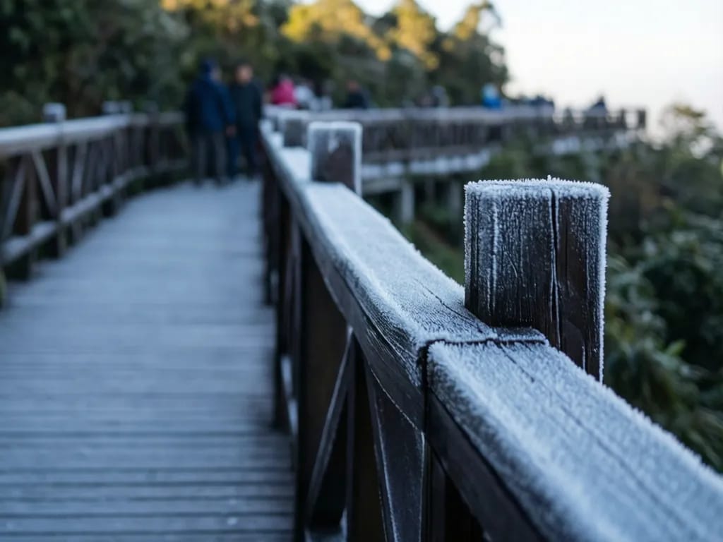 Frost on the boardwalk railings on a cold January morning