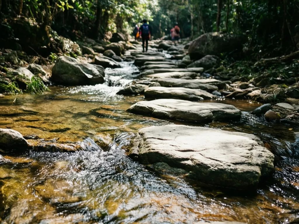 First stream crossing on the lower trail, clear water over flat stones