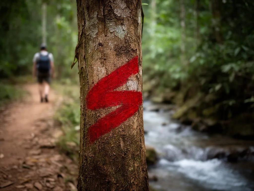 Trail blazes painted in red on a tree trunk above the first stream