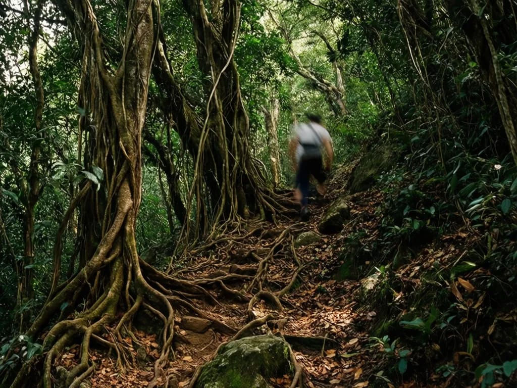 Steep root-bound climb through laurel forest below the ridge