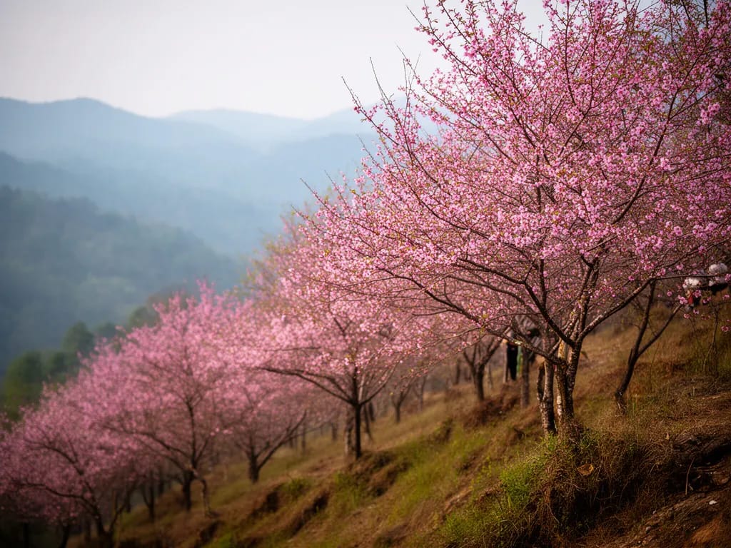 Wild Himalayan cherry trees in bloom along the high ridge in February