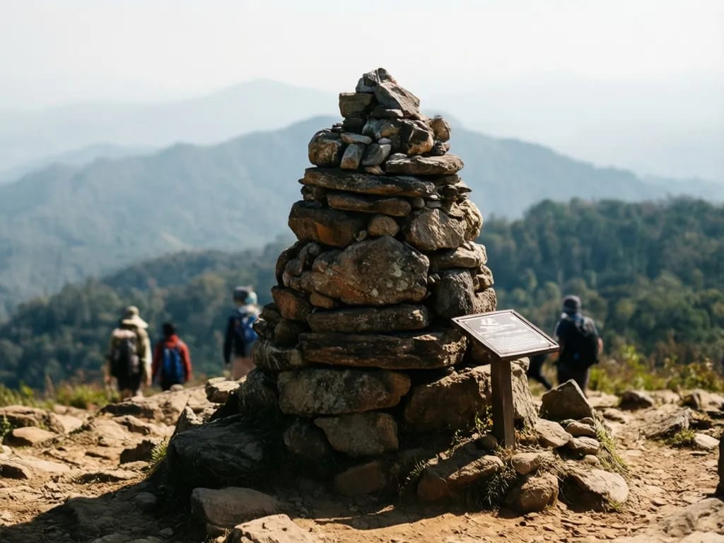 The summit cairn at 2,031 m with a small ranger marker
