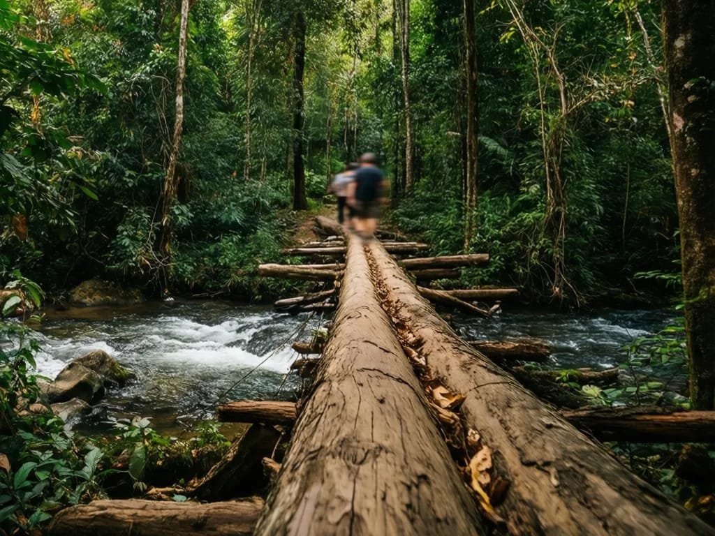 Second stream crossing on a fallen log bridge